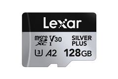 Lexar microSDXC UHS-I card, 128GB, Silver Plus, V30 A2 rated (microSD with branding visible)